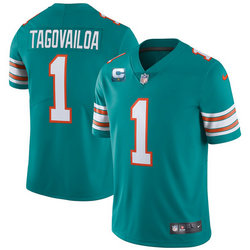 Nike Miami Dolphins 2022 #1 Tua Tagovailoa Aqua With 1-star C Patch Throwback Vapor Untouchable Authentic Stitched NFL Jersey