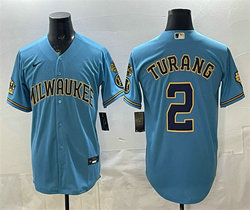 Nike Milwaukee Brewers #2 Brice Turang Blue With Home and Bob Uecker Patch Jersey