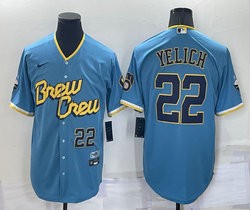 Nike Milwaukee Brewers #22 Christian Yelich Blue 22 on front Game 2023 City Authentic Stitched MLB Jersey