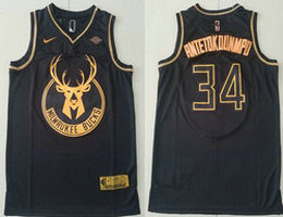 Nike Milwaukee Bucks #34 Giannis Antetokounmpo Black Gold With Advertising Authentic Stitched NBA Jersey