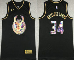 Nike Milwaukee Bucks #34 Giannis Antetokounmpo Black Gold masonry 75th anniversary With Advertising Authentic Stitched NBA jersey