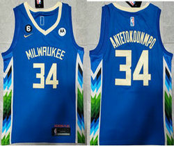Nike Milwaukee Bucks #34 Giannis Antetokounmpo Blue 6 Patch 2022-23 With Advertising Authentic Stitched NBA Jersey