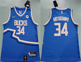 Nike Milwaukee Bucks #34 Giannis Antetokounmpo Royal 2024-25 City With Advertising Stitched NBA Jersey