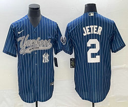 Nike New York Yankees #2 Derek Jeter Blue Throwback Joint Team Patch on front Stitched MLB Jersey