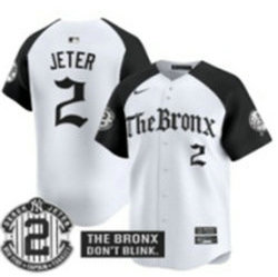 Nike New York Yankees #2 Derek Jeter White 5(V) Black sleeves Joint MLB Jersey