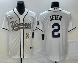 Nike New York Yankees #2 Derek Jeter White Joint Gold #2 on front Stitched MLB Jersey