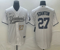 Nike New York Yankees #27 Giancarlo Stanton White Stripe Joint Gold #27 on front Stitched MLB Jersey