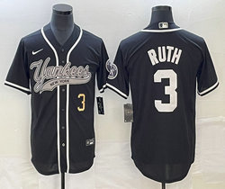 Nike New York Yankees #3 Babe Ruth Black Joint Gold #3 on front Stitched MLB Jersey