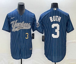 Nike New York Yankees #3 Babe Ruth Blue Throwback Joint Gold #3 on front Stitched MLB Jersey