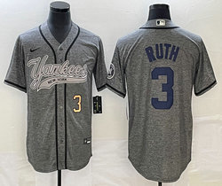Nike New York Yankees #3 Babe Ruth Hemp grey Joint Gold #3 on front Stitched MLB Jersey
