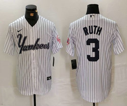 Nike New York Yankees #3 Babe Ruth White Stripe 3(III) With Name Joint Stitched MLB Jersey