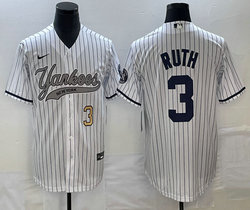 Nike New York Yankees #3 Babe Ruth White Stripe Joint Gold #3 on front Stitched MLB Jersey
