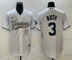 Nike New York Yankees #3 Babe Ruth White Stripe Joint Team Patch on front Stitched MLB Jersey