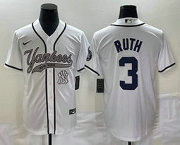 Nike New York Yankees #3 Babe Ruth White team patch front Joint Authentic Stitched baseball jersey