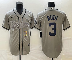 Nike New York Yankees #3 Babe Ruth grey Joint Gold #3 on front Stitched MLB Jersey