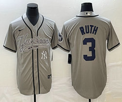 Nike New York Yankees #3 Babe Ruth grey Joint Team Patch on front Stitched MLB Jersey
