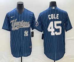 Nike New York Yankees #45 Gerrit Cole Blue Throwback Joint Team Patch on front Stitched MLB Jersey
