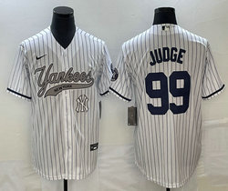 Nike New York Yankees #99 Aaron Judge White Stripe Joint Team Patch on front Stitched MLB Jersey