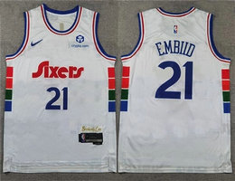 Nike Philadelphia 76ers #21 Joel Embiid 2024-25 White City With Advertising Stitched Jersey