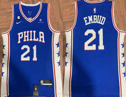 Nike Philadelphia 76ers #21 Joel Embiid Blue 6 patch With Advertising Authentic Stitched NBA jersey