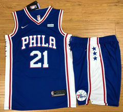 Nike Philadelphia 76ers #21 Joel Embiid Blue With Advertising Authentic Stitched NBA Suit Jersey