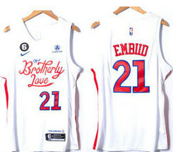 Nike Philadelphia 76ers #21 Joel Embiid White City 6 Patch 2022-23 With Advertising Authentic Stitched NBA Jersey