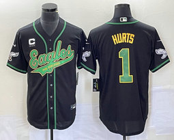 Nike Philadelphia Eagles #1 Jalen Hurts Black Joint 2(II) C Patch in front baseball jersey