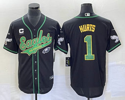 Nike Philadelphia Eagles #1 Jalen Hurts Black Joint 2(II) Team Logo and C Patch in front baseball jersey