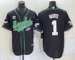 Nike Philadelphia Eagles #1 Jalen Hurts Black Joint 2(II) White Name C patch and Logo in front baseball jersey
