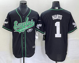 Nike Philadelphia Eagles #1 Jalen Hurts Black Joint 2(II) White Name Team Logo in front baseball jersey