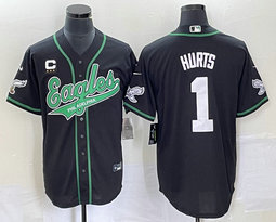 Nike Philadelphia Eagles #1 Jalen Hurts Black Joint 2(II) White name C Patch in front baseball jersey