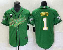Nike Philadelphia Eagles #1 Jalen Hurts Green Joint 2(II) C Patch in front baseball jersey