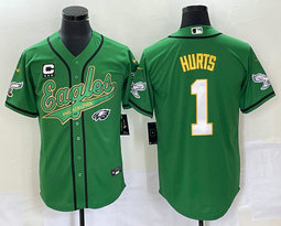Nike Philadelphia Eagles #1 Jalen Hurts Green Joint 2(II) Team Logo and C Patch in front baseball jersey