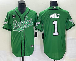 Nike Philadelphia Eagles #1 Jalen Hurts Green Joint 2(II) white name C patch in front baseball jersey