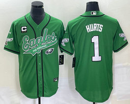 Nike Philadelphia Eagles #1 Jalen Hurts Green Joint 2(II) white name Logo and C patch in front baseball jersey
