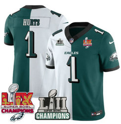 Nike Philadelphia Eagles #1 Jalen Hurts Green and White With Super Bowl LIX and 24-25 Super Bowl LIX Champion jersey