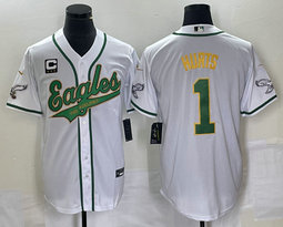 Nike Philadelphia Eagles #1 Jalen Hurts White Gold name Joint 2(II) C Patch in front baseball jersey