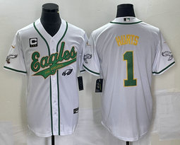 Nike Philadelphia Eagles #1 Jalen Hurts White Gold name Joint 2(II) Logo and C patch in front baseball jersey