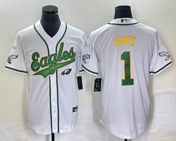 Nike Philadelphia Eagles #1 Jalen Hurts White Gold name Joint 2(II) Logo in front baseball jersey