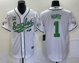 Nike Philadelphia Eagles #1 Jalen Hurts White Joint 2(II) Team Logo and C Patch in front baseball jersey