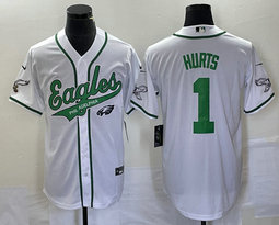 Nike Philadelphia Eagles #1 Jalen Hurts White Joint 2(II) Team Logo in front baseball jersey