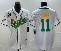 Nike Philadelphia Eagles #11 A. J. Brown White Joint 2(II) Gold name C Patch in front baseball jersey