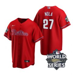 Nike Philadelphia Phillies #27 Aaron Nola 2022 World Series Red Game Authentic Stitched MLB Jersey