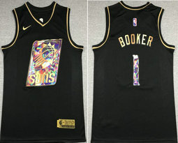 Nike Phoenix Suns #1 Devin Booker Black Gold masonry 75th anniversary With Advertising Authentic Stitched NBA jersey