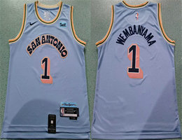 Nike San Antonio Spurs #1 Victor Wembanyama Light Blue 2024-25 City With Advertising Stitched Basketball Jersey