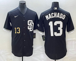 Nike San Diego Padres #13 Manny Machado Black Joint Vapor Untouchable Gold #13 on front baseball jersey