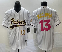 Nike San Diego Padres #13 Manny Machado White Stripe Gold #13 on front Joint Authentic Stitched baseball jersey