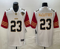 Nike San Francisco 49ers #23 Christian McCaffrey White Throwback Gold Name 75th anniversary Jersey