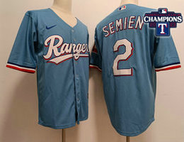 Nike Texas Rangers #2 Marcus Semien Light Blue 2023 World Series Champions Patch Game Rangers Authentic Stitched MLB Jersey
