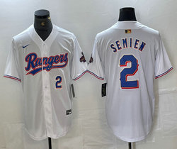 Nike Texas Rangers #2 Marcus Semien White Champions Gold name Blue 2 front Authentic Stitched MLB Jersey